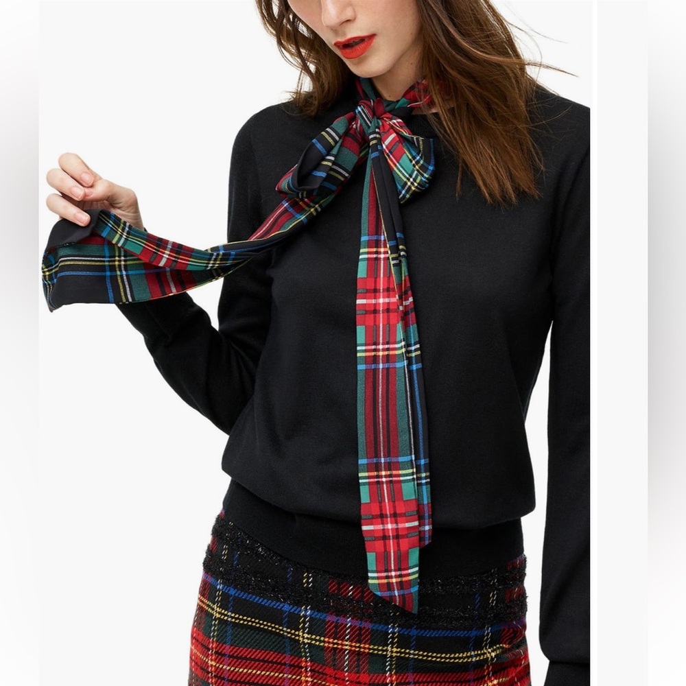 J.Crew Plaid Scarf Tie MockNeck Sweater in Black Size Medium